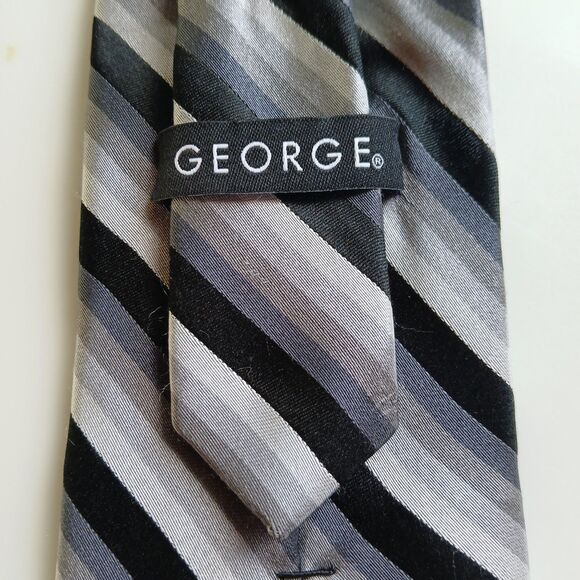 George Pure Silk Neck Tie Gray Stripe Handmade - Picture 5 of 6
